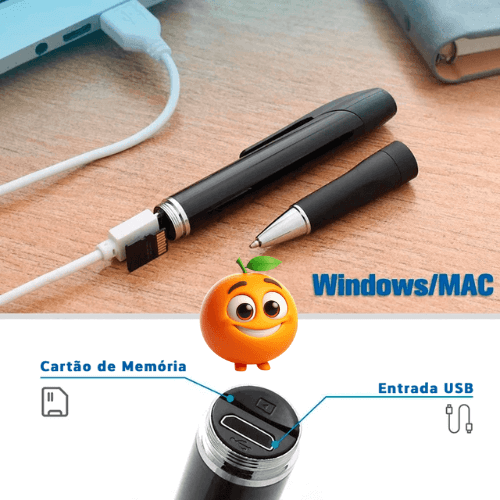 Caneta Espiã com escuta e Câmera 1080P filma tira foto Grava/SecretPen - Laranja Shop